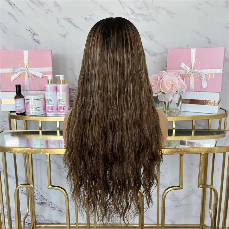 13X4 قاعدة بني داكن مع الكراميل والشقراء تسليط الضوء على مزيج الاصطناعية الملونة خصلات الشعر المستعار الإنسان 30 بوصة شعر مستعار طويل موجة شعر مستعار المرأة #3