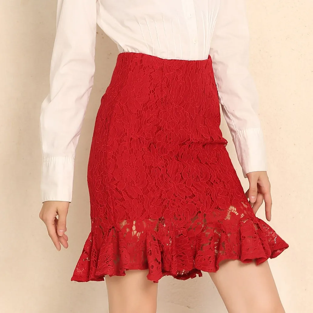 

New Office Lace Skirt Women Sexy High Waist Pencil Skirt One Step Formal Ruffle Skirt Plus Size
