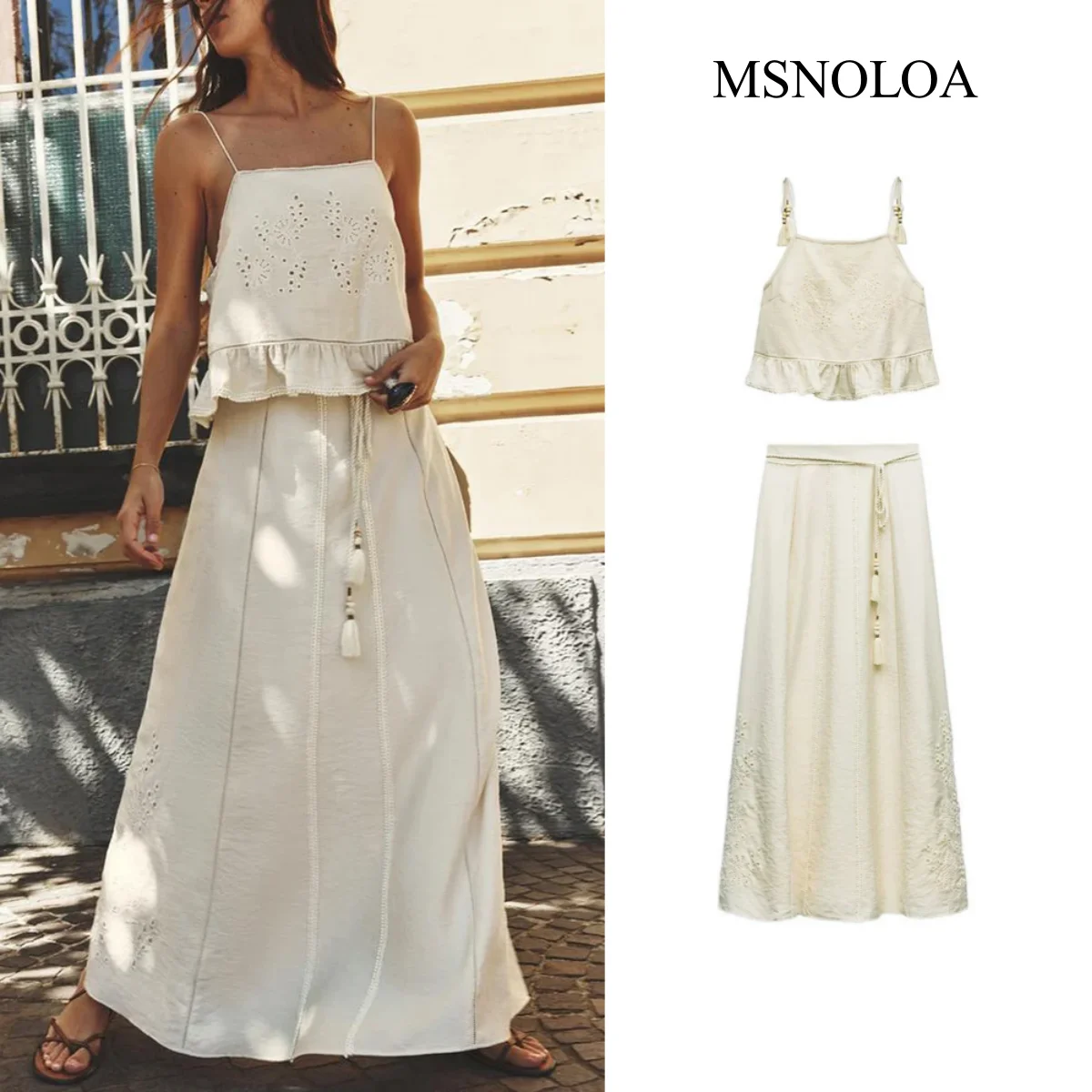 MSNOLOA 2024 Hollow Embroidery Chinese Skirt Set Pin Sweet Holiday Style Camisole Top + High Waist Long Skirt Two Piece Set