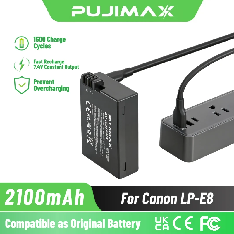 PUJIMAX 2100mAh LP-E8 mit Typ-C-Eingang für Canon EOS 550D, 600D, 650D, 700D, Rebel T2i, T3i, T4i, T5i, Kiss X4, X5, X5 Kamera