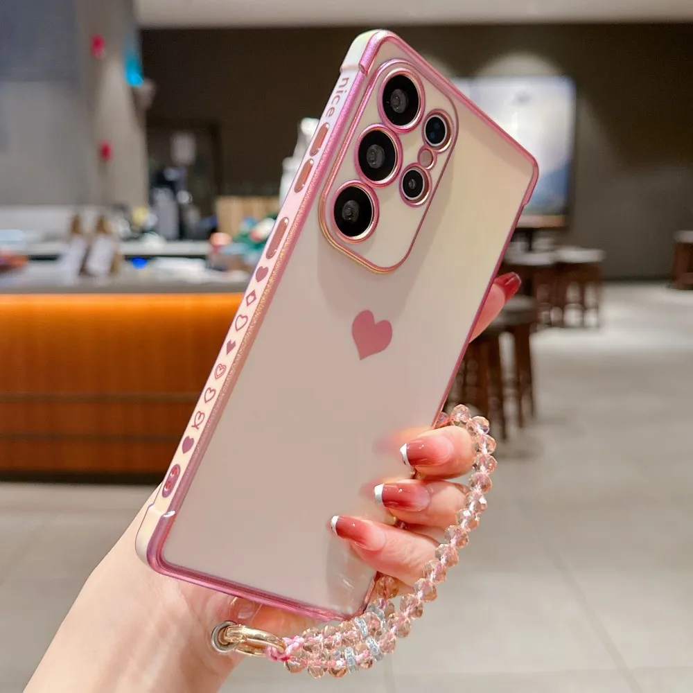 Plating Side Love Heart Case For Samsung Galaxy S25 S24 S23 S22 S21 Ultra Plus S24 FE S23FE S25 Edge 5G Cover With Crystal Chain