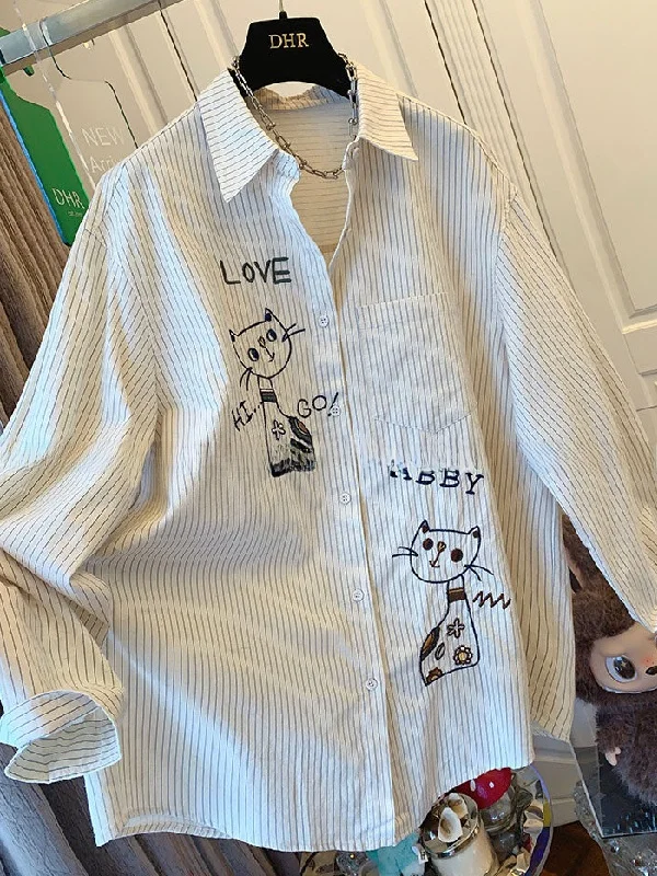 

plus Size Women's Long Sleeve Shirt Embroidered Casual Thin Spring Summer Sun Protection Cartoon Striped Shirt Sweet Style