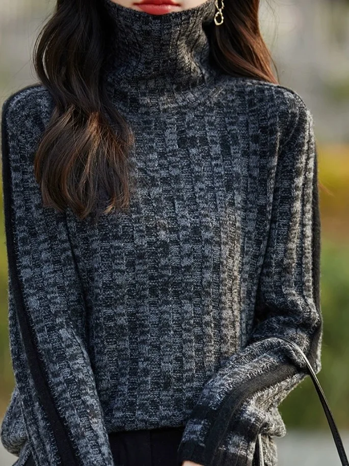 เสื้อสเวตเตอร์ถักคุณภาพสูงสำหรับผู้หญิง ใส่เป็นเสื้อตัวในได้ เหมาะสำหรับฤดูใบไม้ร่วงและฤดูหนาว รุ่นใหม่ล่าสุด ทรงเข้ารูป ผ้าผสมเนื้อนุ่ม แขนยาว คอสูง