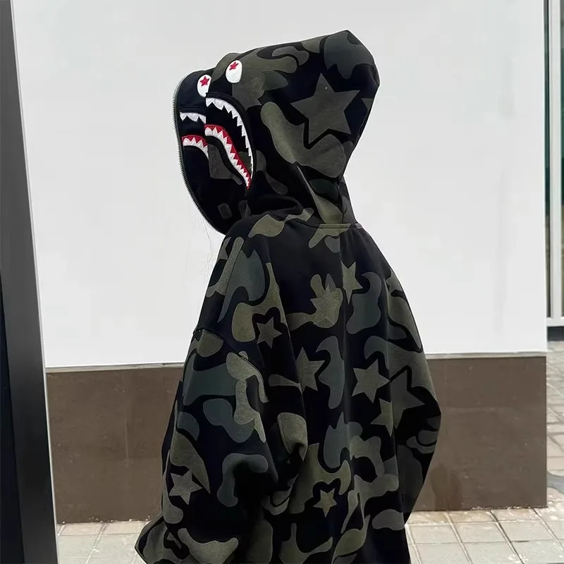 Sudaderas con capucha de primavera y otoño para hombre y mujer, cárdigan de camuflaje con doble sombrero bordado American High street, jersey con capucha