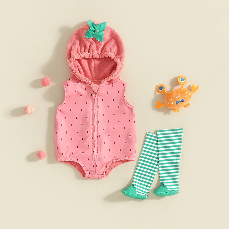 Toddler Baby Girls Romper Sleeveless Hooded Strawberry Seed Print Infant Bodysuit with Striped Socks Cosplay Halloween Clothes