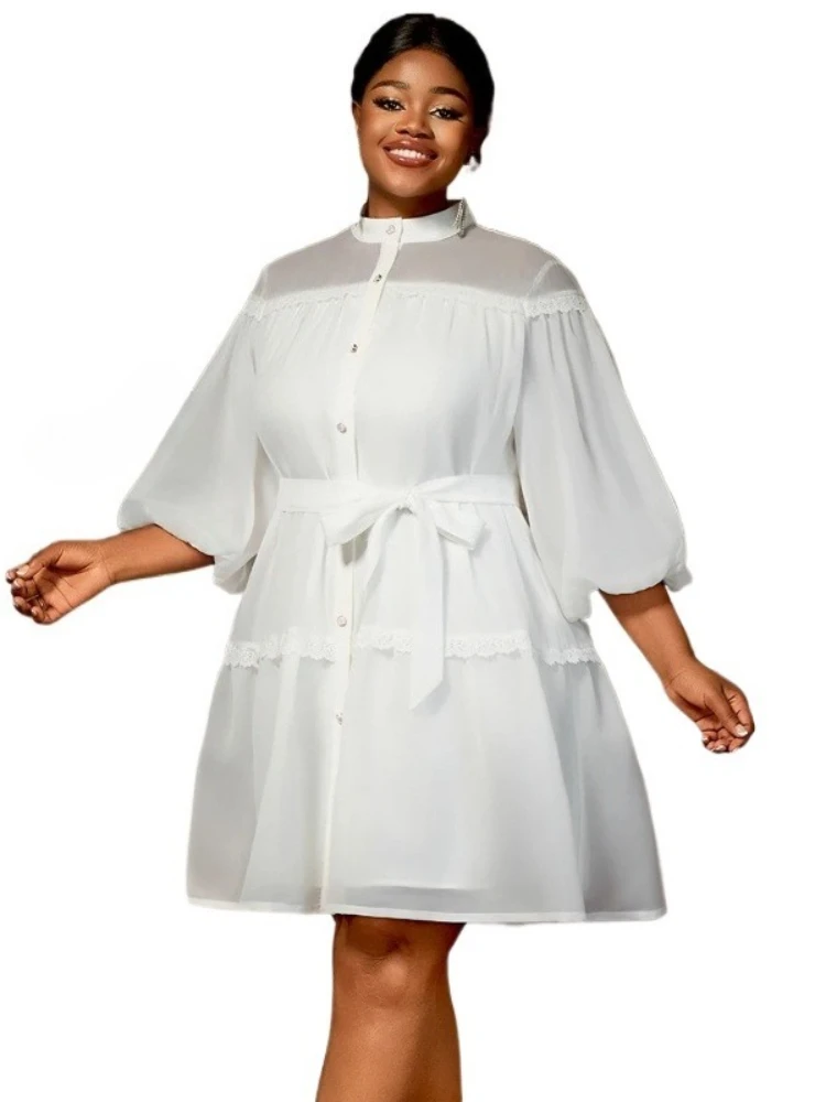 Chic Button Up Mini Dress with Belted Waist Puff Sleeves and Lace Trim Perfect for Casual Gatherings Parties and Weekend Outings