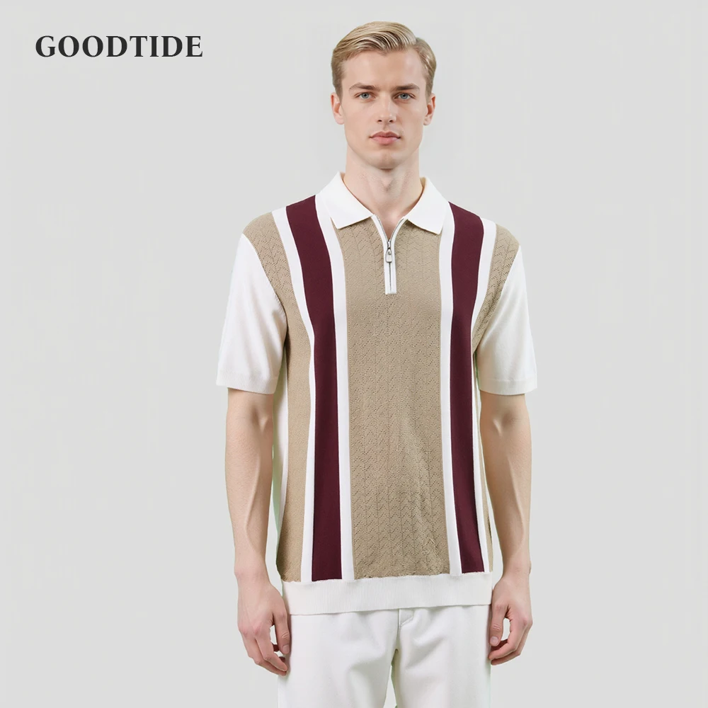 Summer Men's Business Knit Short Sleeve Polo Shirts Streetwear Button-down Breathable Striped Fashion Light Luxury Retro Shirts