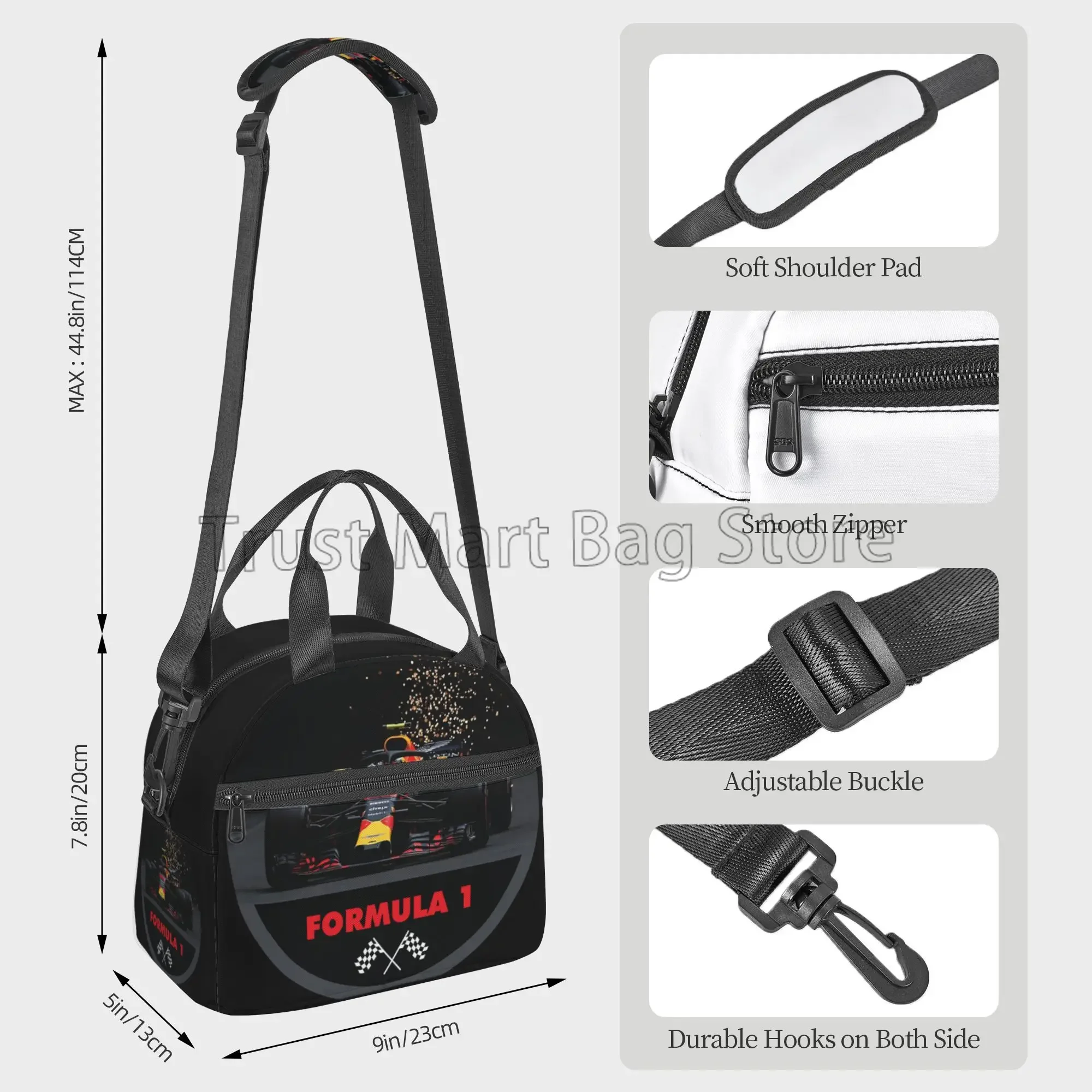 F1 Car Racing Insulated Lunch Bag Reusable Thermal Lunch Box with Adjustable Strap Portable Cooler Bento Tote for Picnic Beach