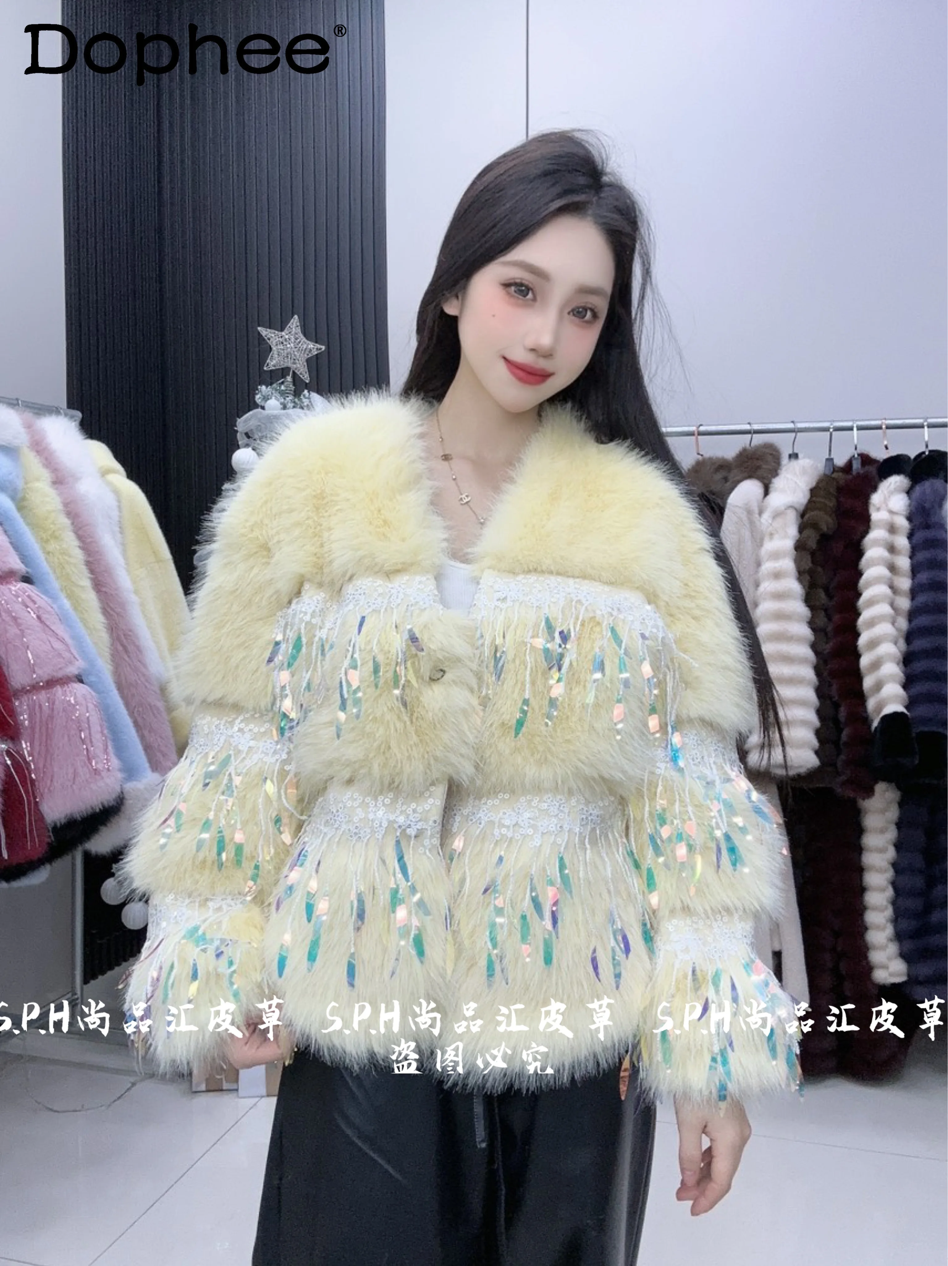 

Fringed Heavy Industry Sequined Colorful Faux Fur Coat Winter Clothes Women 2025 Fashion Coats V Neck Short Jacket Sweet