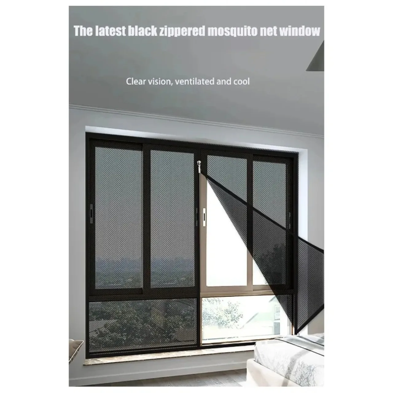Black Mosquito Screen Window, Sliding Curtain, Invisible Zipper Gauze Mesh, Non Perforated, Self-Adhesive