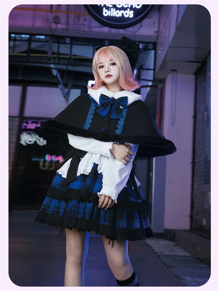 Japanese Sweet  College Style Cosplay Lolita Kawaii Girls Sk Suit Winter  Warm Grid  Ribbon Bowknot  Cute Ruffle Skirt Suit