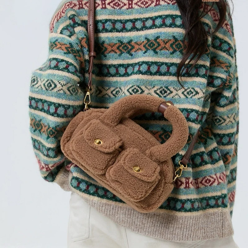 

Solid Color Fuzzy Shoulder Bag For Women Winter Plush Boston Handbag With Double Pocket Design Fashion Bowling Lady Furry Purse
