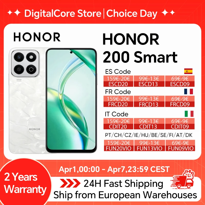 Smartphone Honor 200 Smart 5G Version Globale Snapdragon 4 Gen 2 IP64 SGS 5200mAh 35W SuperCharge Mode Haute Capacité 300% 50MP OTG