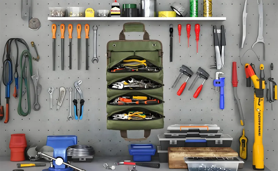 Werkzeugtasche mit mehreren Taschen zum Aufrollen, Werkzeug-Aufbewahrungstasche aus Oxford-Stoff für Werkzeuge von Elektrikern, Schreibern und Klempnern – Detail 2