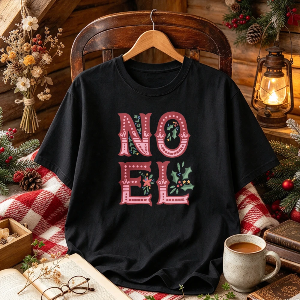 BUBU DUDU NOEL Christmas Holly Letter Graphic T Shirt Vintage Xmas Print Crew Neck Short Sleeve Holiday Tee for Men Women Unisex
