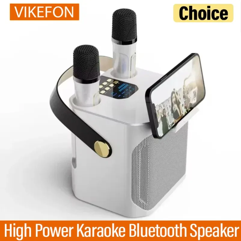 

Высокомощный Bluetooth-динамик для караоке с двойным микрофоном, бумбокс, портативный водонепроницаемый беспроводной сабвуфер стерео объемным звуком на 360°