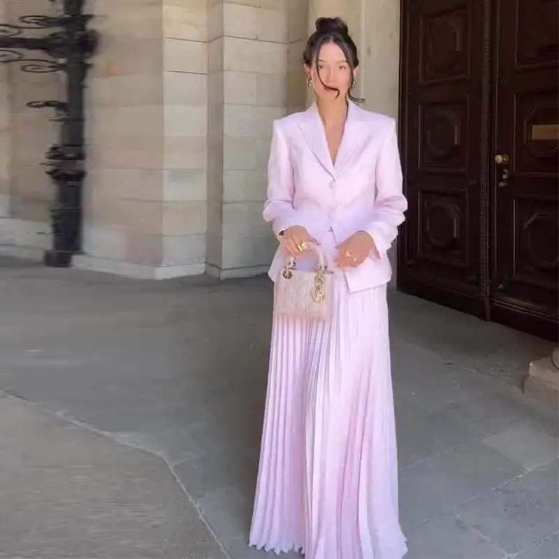 

2025 New Elegant Commuter Fashionable Suit Coat Pleated Skirt Set Women's Cross-Border Ensemble Long Sleeve Winter Outfit