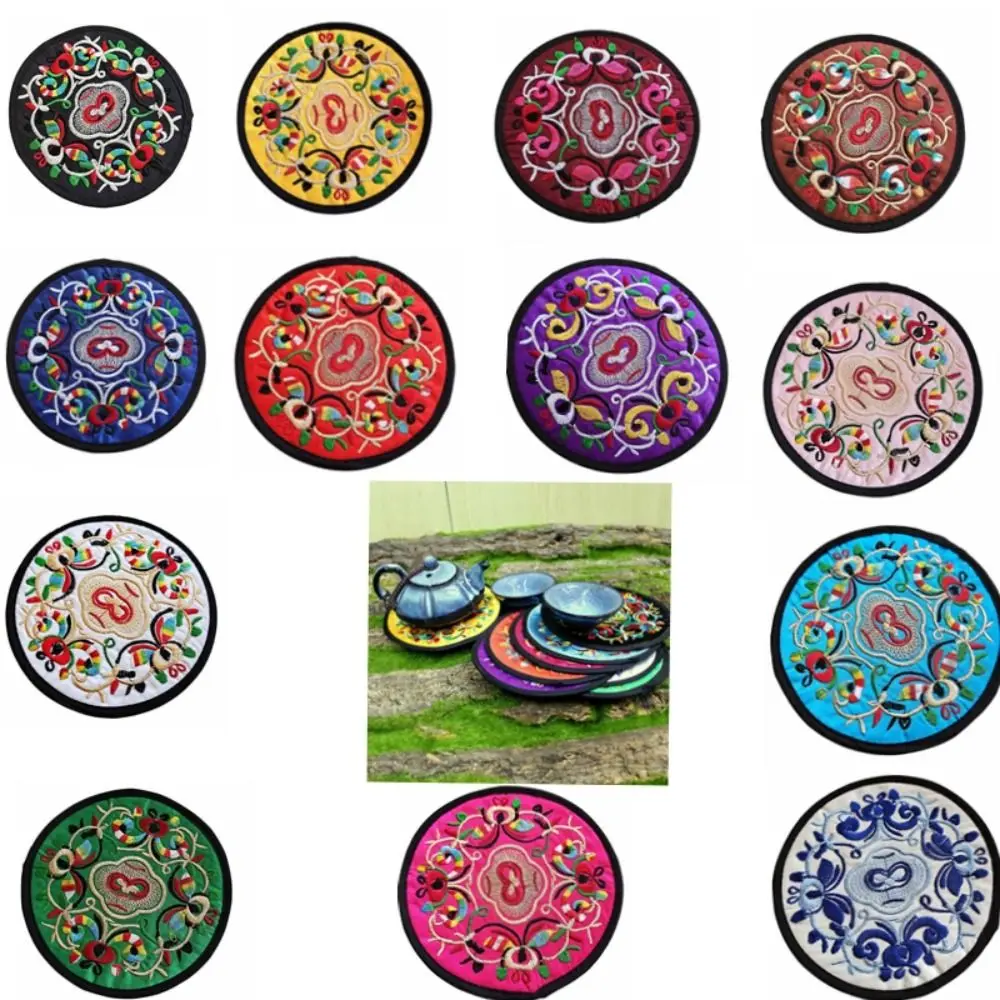 Tableware Mat Cloth Chinese Embroidery Insulation Pad Round Ethnic Coaster Insulation Vintage Teacup Placemats Dishes