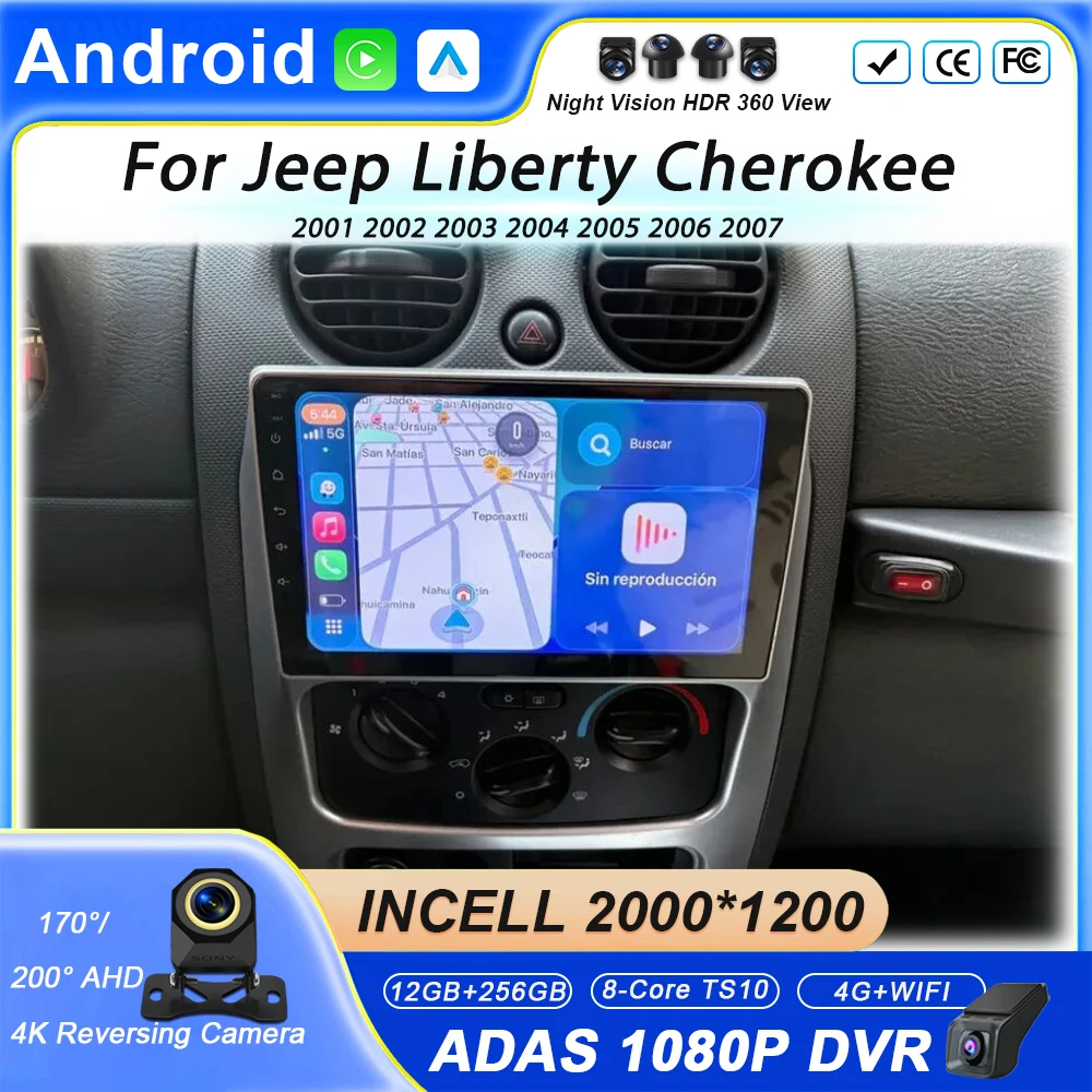 Radio para Auto con Android Auto para Jeep Liberty Cherokee 2001 2002 2003 2004 2005 2006 2007, Reproductor Multimedia Carplay, Reproductor de Video Estéreo, GPS