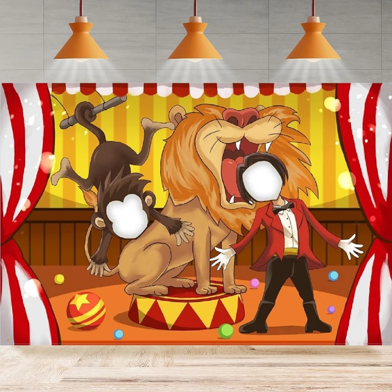 Photography Backdrop Circus Monkey Lion Tamer Face Cutout Circus Troup Background Birthday Home Party Backdrop Wall Banner Decor