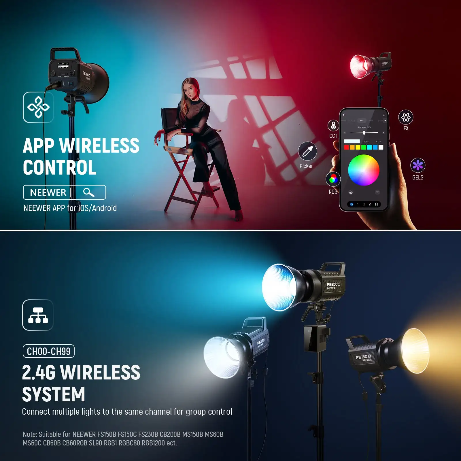 NEEWER FS300C 300W RGB LED Video Light Bowens Mount Photography Light for Video Recording Live Streaming - view 5