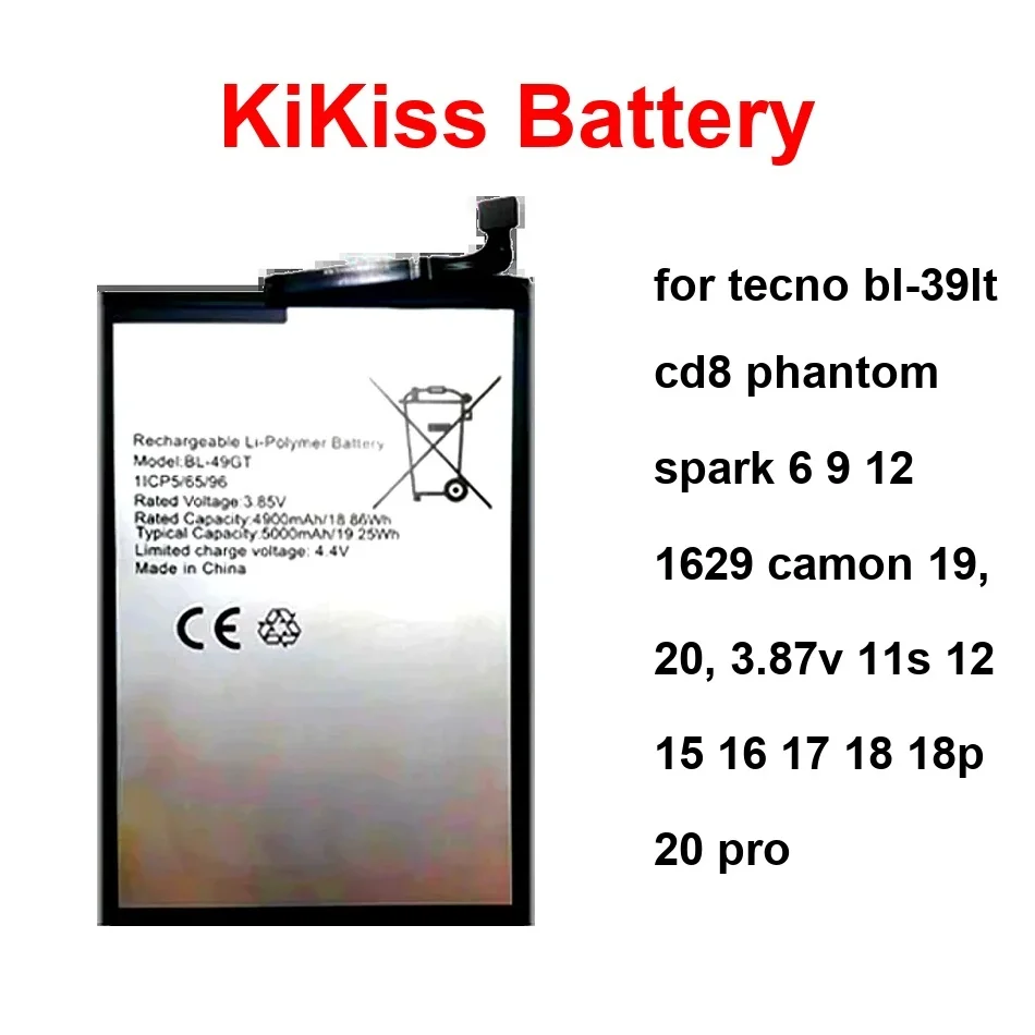 

BL-39MT BL-34DT для Tecno BL-39LT CD8 Phantom Spark 6 9 12 1629 Camon 19, 20, 3,87 В 11S 15 16 17 18 18P 20 Pro Аккумулятор