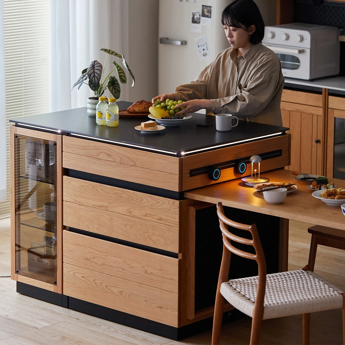 Solid wood island table retractable small apartment open integrated bar cabinet rock locker