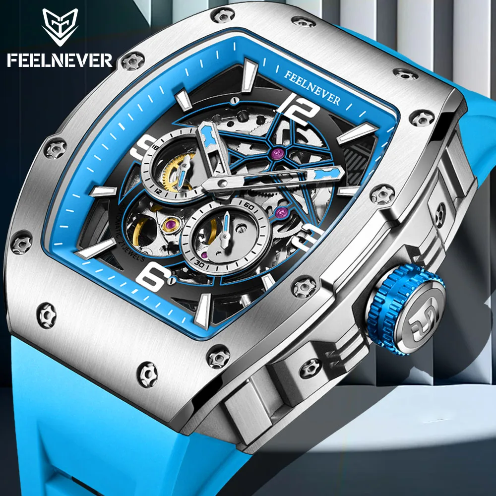 

Мужские часы FeelNever 82S7 Механизм Tonneau Автоматические механические светящиеся выдолбленные механизмы Сапфировый независимый секундный циферблат