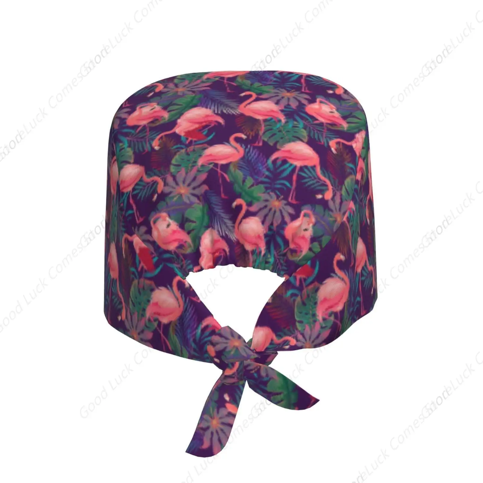 Flamingo Tropical Floral Leaves Working Cap, Scrub Cap with Sweatband, Adjustable Tie Back Hat Breathable Headgear for Women/Men