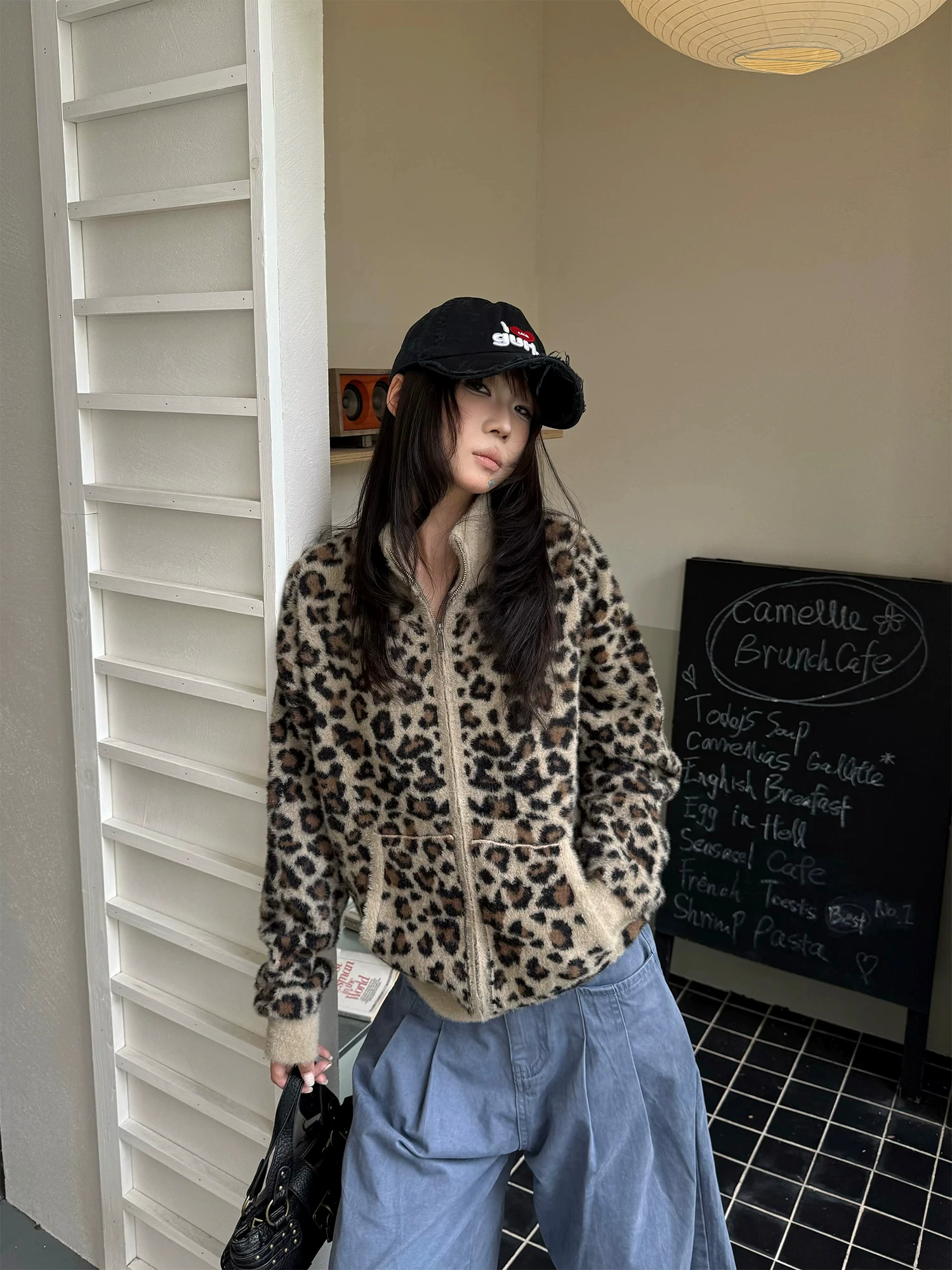 Retro American Color Block Leopard Print Stand Collar Open Cardigan Sweater Men's Loose Warm Knitted Outerwear for Autumn Winter