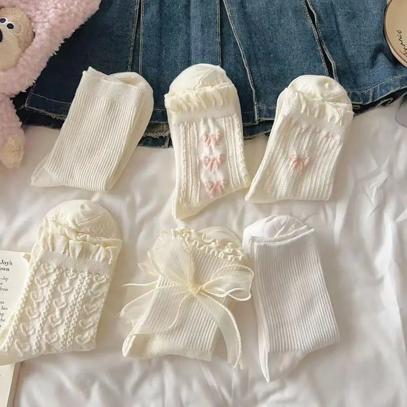 Ensemble de 6 paires de chaussettes Coquette blanches de Style coréen pour femmes, chaussettes d'automne mignonnes japonaises JK avec volants en dentelle, chaussettes mi-tube pour filles