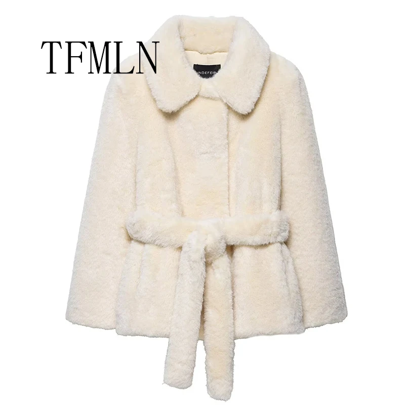 Nuevas chaquetas cálidas de piel sintética de invierno para mujer, abrigo elegante informal con cordones, abrigos de calle de lujo, prendas de vestir