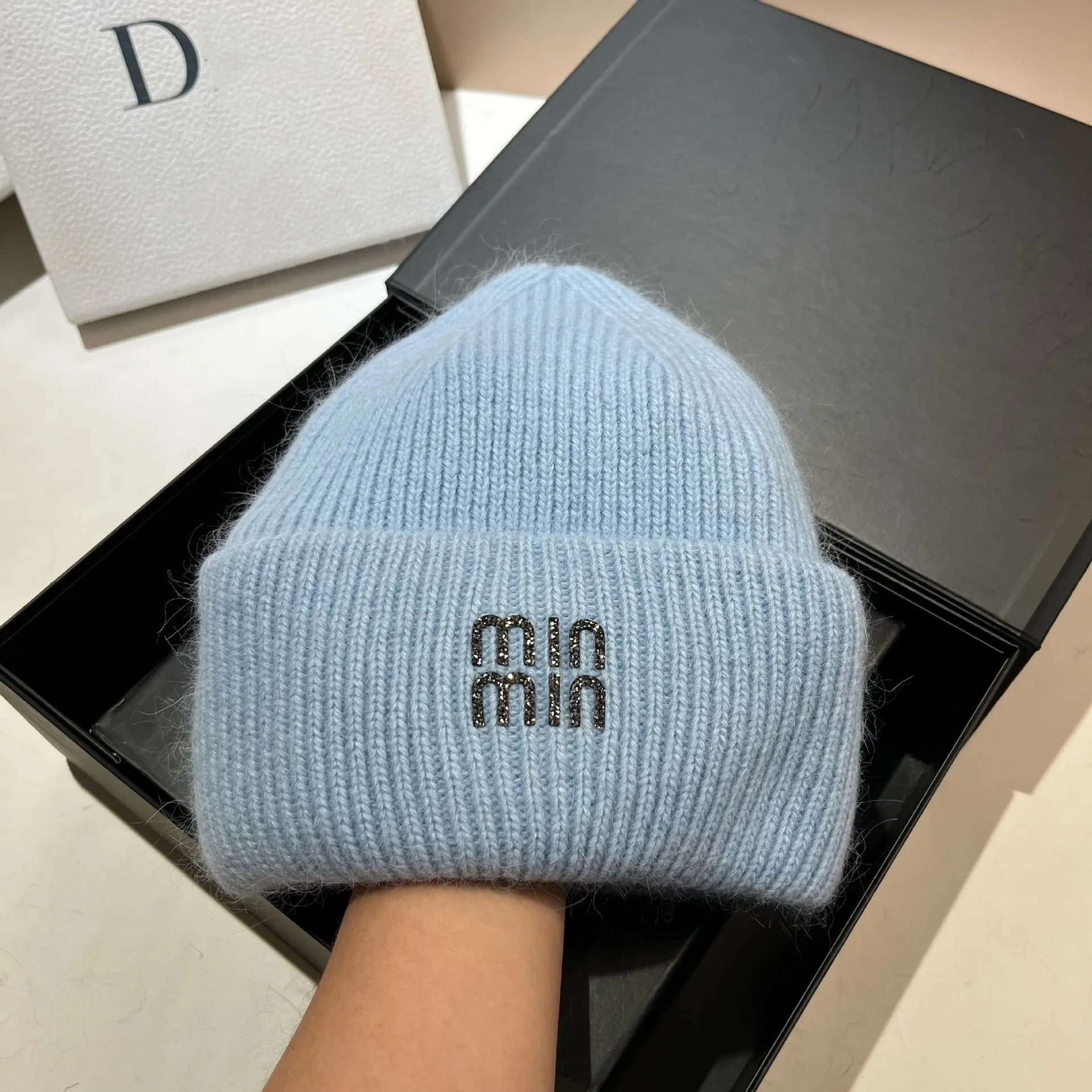Luxury rhinestone Letters Fashion Winter hats for men and women Real rabbit fur wool Skullies Beanies Knit hats for men and wome image 5