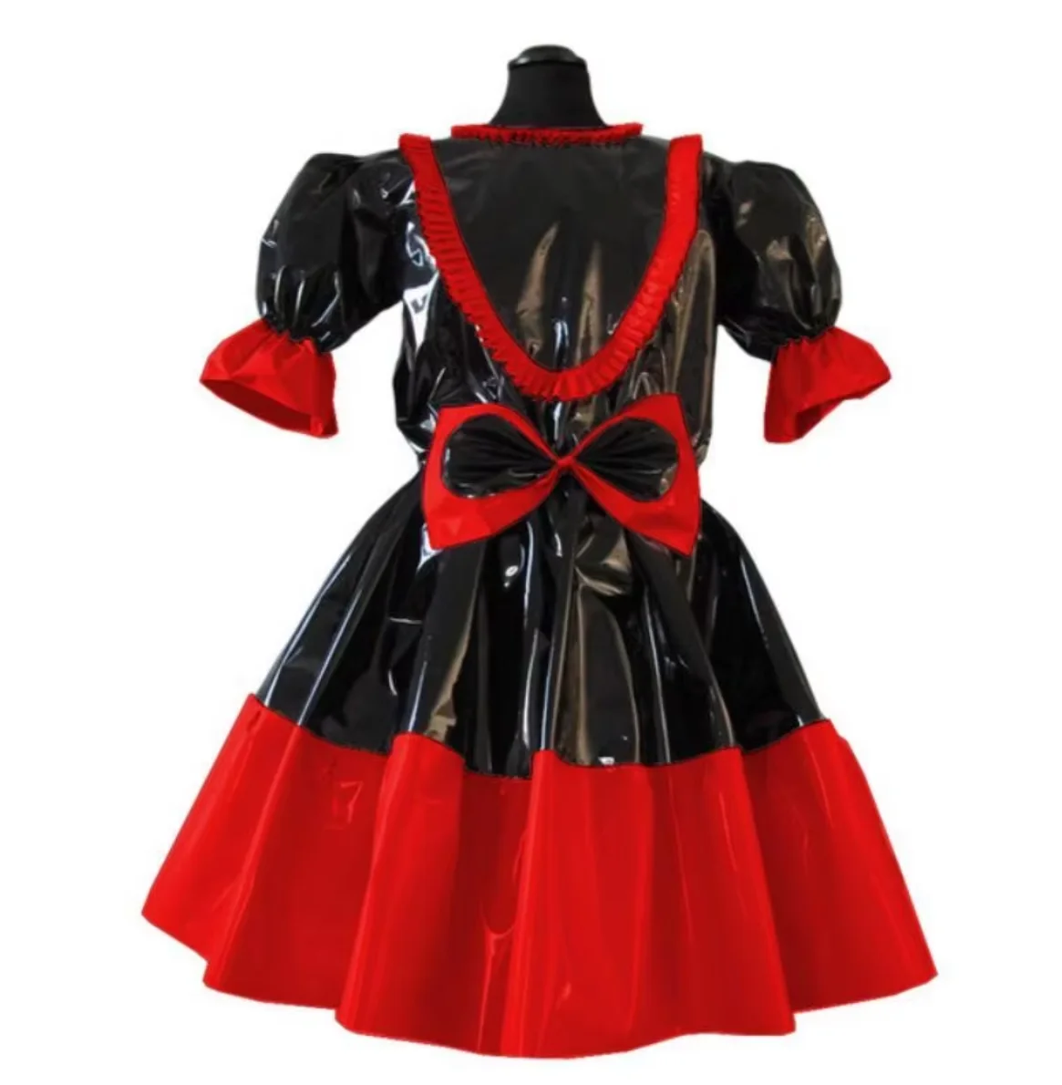 Shiny Pvc Leather Short Sleeved Ruffled Loose Fitting Dress Sissy Cute Front Bow Girl Cross Dresser Party Daily Unisex Dress Cos