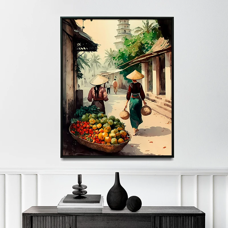 قرية الفيتنامية المشارك مشهد السوق الآسيوية قماش اللوحة خمر المائية جدار صورة فنية لغرفة المعيشة ديكور المنزل #3