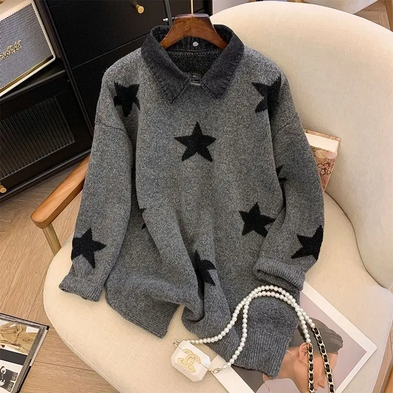 

Cowboy Collar Gray Sweater Women's Autumn and Winter Thick Design Sense Niche Long Sleeved Top Loose Pullover Soft and Sticky