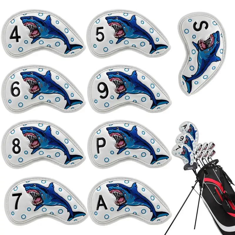 9PCS Head Covers For Golf Clubs Embroidered Shark Golf Club Head Cover Golf Club Covers Set Waterproof Protective Headcover Iron