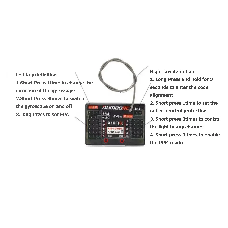 DUMBORC X10F(G) odbiornik 10CH żyroskopowy powrót napięcia dla DDF-350 zdalnego kontrolera RC 2.4GHZ nadajnik X10P-350