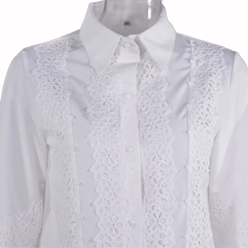 Women Sexy White Lace Patchwork Hollow Out Shirt Blouse Long Sleeve O-Neck Mesh Tops 2023 Spring Prink Elegant Button Blusas Muj