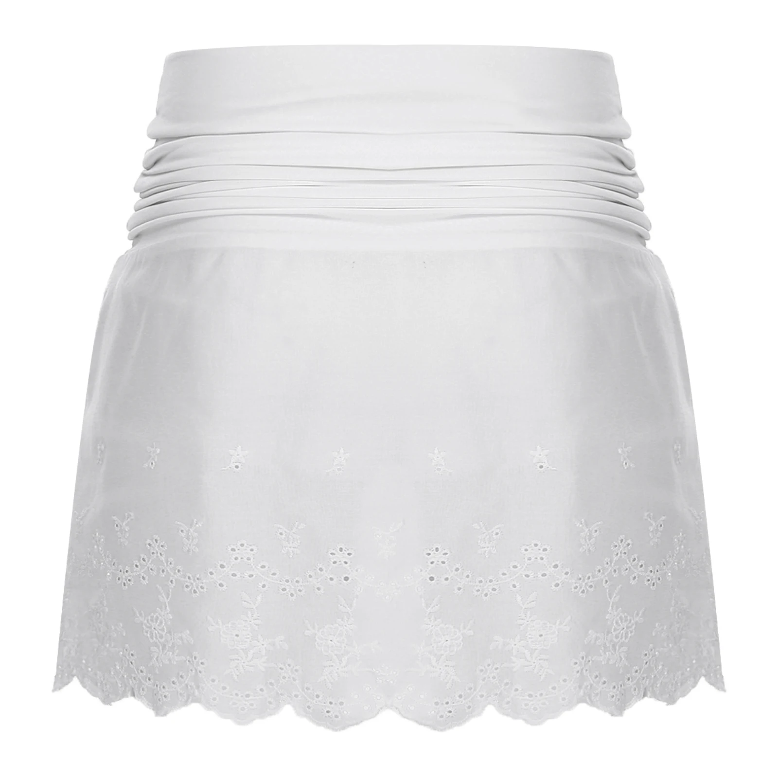 Minigonna da donna con finiture ricamate che abbraccia l'anca, vita increspata, orlo arricciato, pantaloncini incorporati, gonna stile culotte, costume Y2K