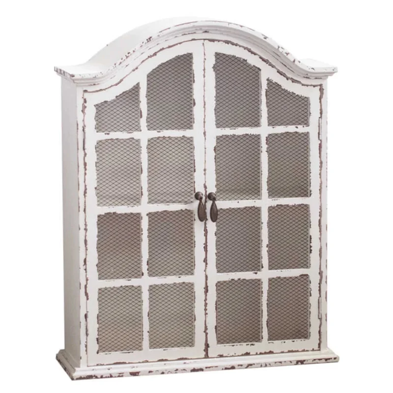 Farmhouse Decorative Vintage White Handmade Wood Countertop, Wall Storage Organization Cabinet with Mesh Doors, Arched Top