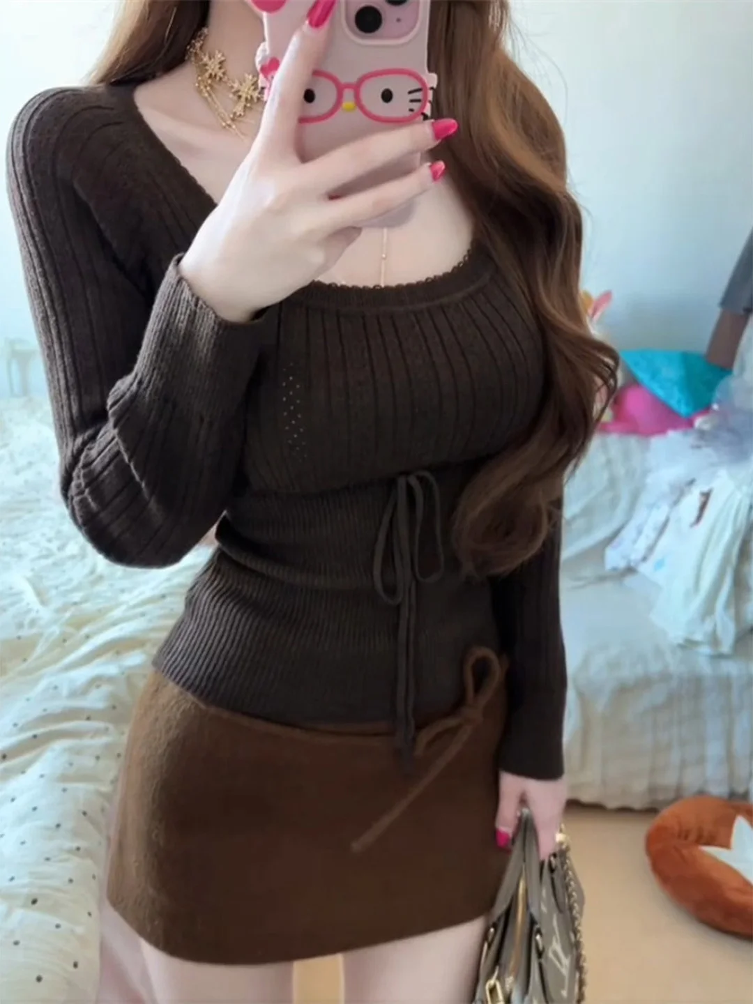 

Spicy Girl Pure Desire Square Collar Long Sleeve Hollow out Knitted Sweater Women's Autumn Winter Slimming Top Versatile Beauty