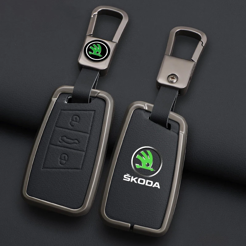 High Quality Fashion Alloy Car Remote Key Case Cover Leather Shell Fob Holder for Skoda Superb A7 Kodiaq Keyless Accessories