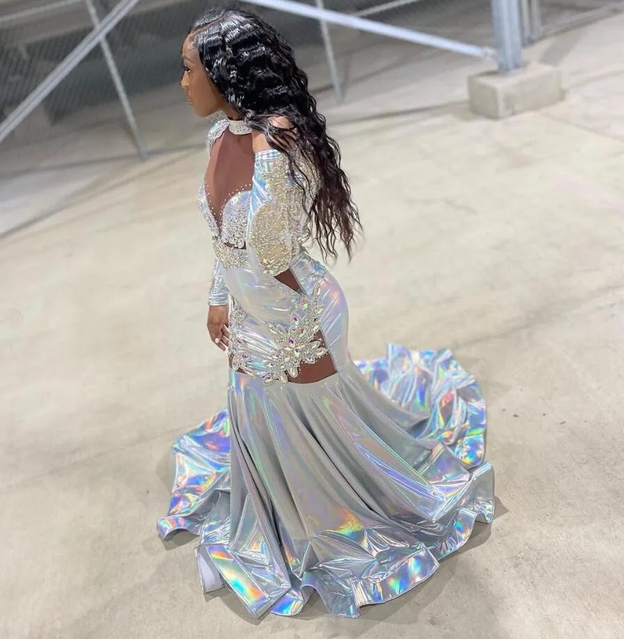 Silver Long Mermaid Prom Dress for Women Sparkly Diamond Crystal Long Sleeve Birthday Gown vestido para fiestasblack girl