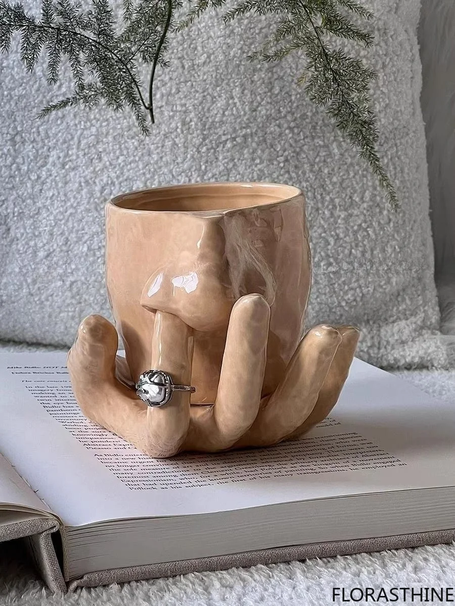 Creative Mugs Coffee Cups Set Ceramic Hand Rings Tray Makeup Organizer Brush Pen Holder Funny Cup Jewelry Display Desktop Decor