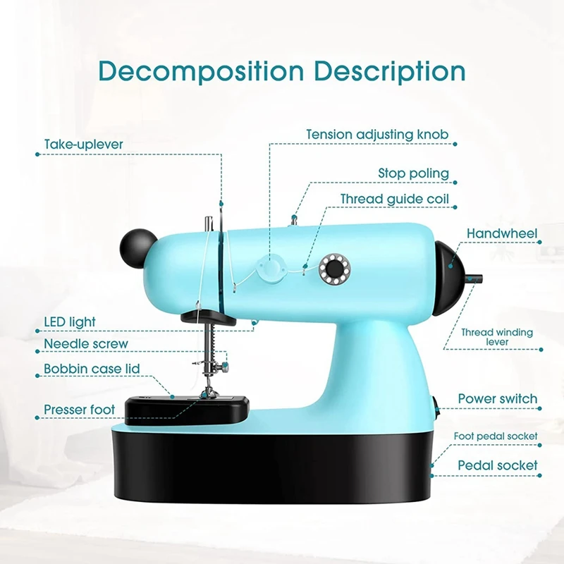 Upgraded Electric Sewing Machine With Sewing Bag, Expansion Board ABS+POM Blue For DIY Home Travel US Plug