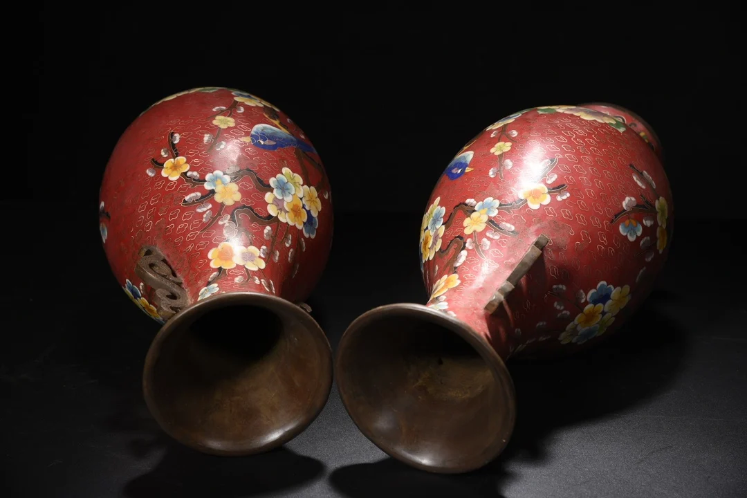 

14"Tibetan Temple Collection Old Bronze Cloisonn Enamel Magpie Plum Blossom Pattern Dragon Ruyi Ear Vase Amass wealth Ornaments