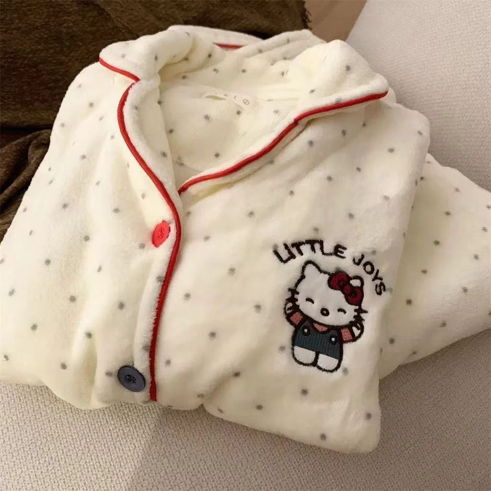 

Женский пижамный комплект Kawaii Hello Kitty, зима 2025, кремовая, пушистая тканевая одежда для сна Sanrio Y2K, эстетичная одежда для дома, теплая одежда из двух предметов