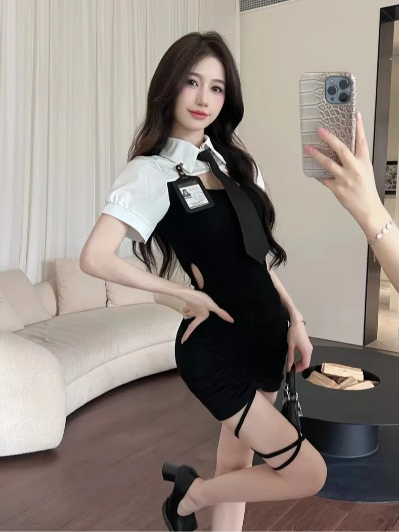 

Coigarsam Women's Summer Dress New Preppy Style Hollow Out Black Badge Tie Dresses