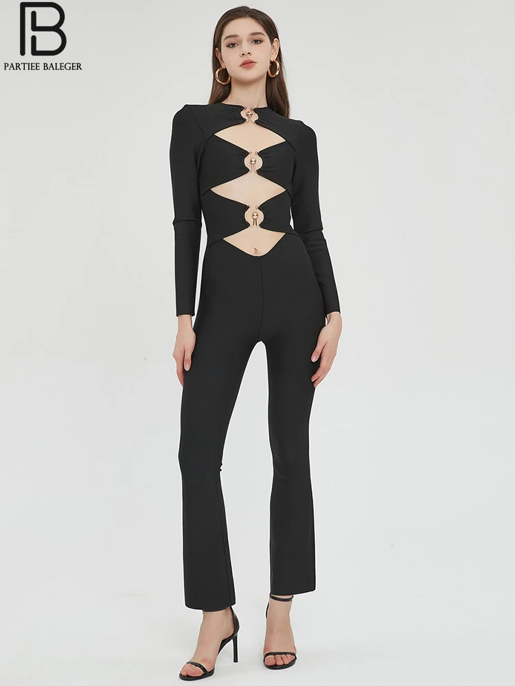 

PB Jumpsuit Party Wedding Guests Elegant Night Women Hollow Out Long Sleeves Female Evening Club Sexy Pant Siamese Wholesale